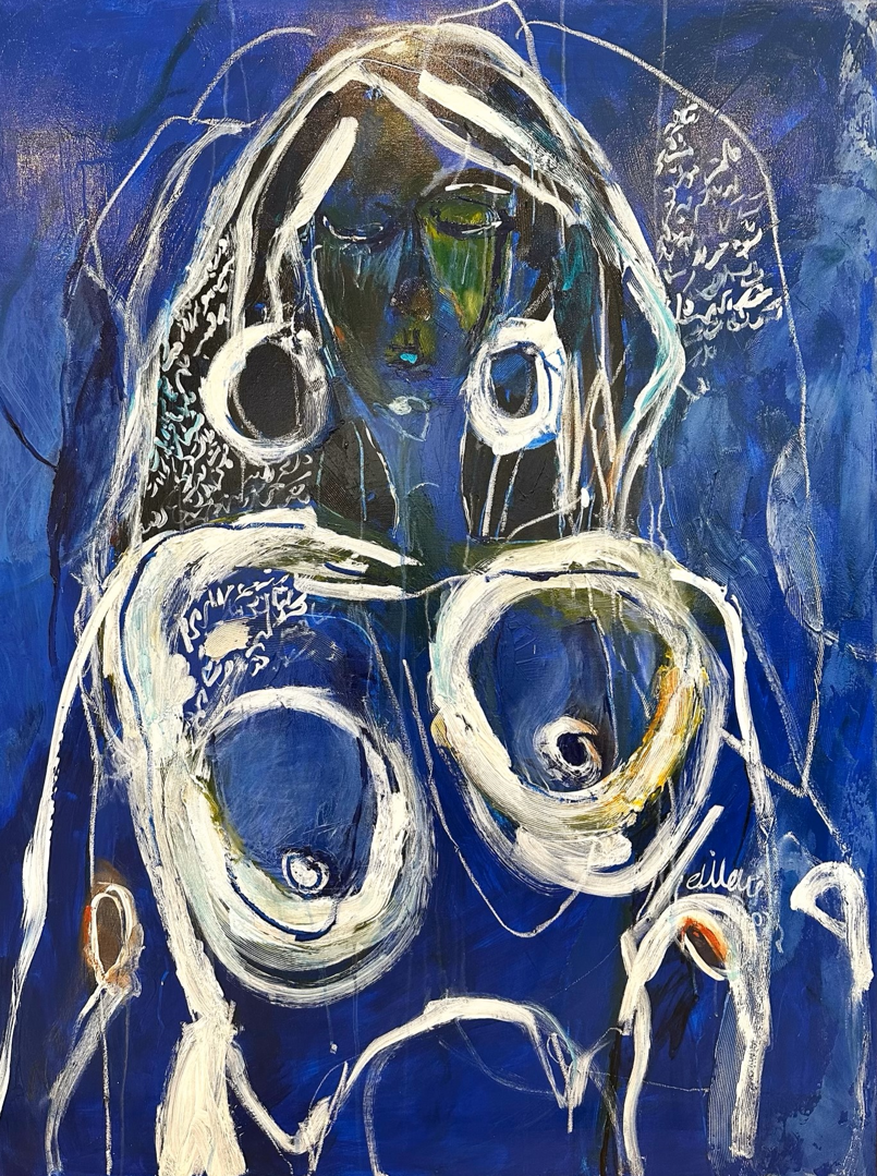 Abstract painting of a woman with large white circular earrings and outlined breasts on a blue background.