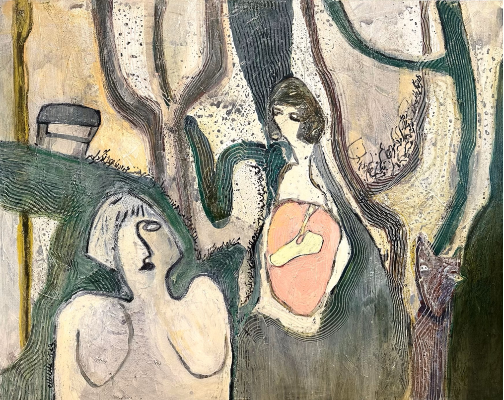 Abstract painting with two human-like figures, one with a white face and black lips, and the other with a pink torso and dark hair, surrounded by swirling lines and textured background.