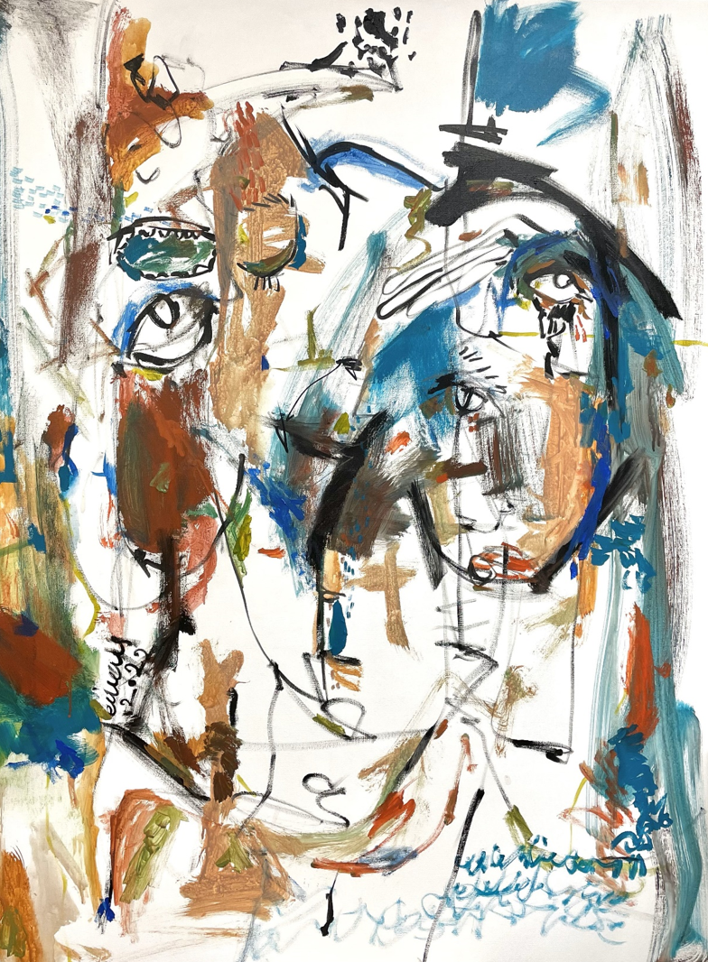 Abstract colorful painting featuring two overlapping human faces with expressive brush strokes in blue, brown, orange, and black on a white background.