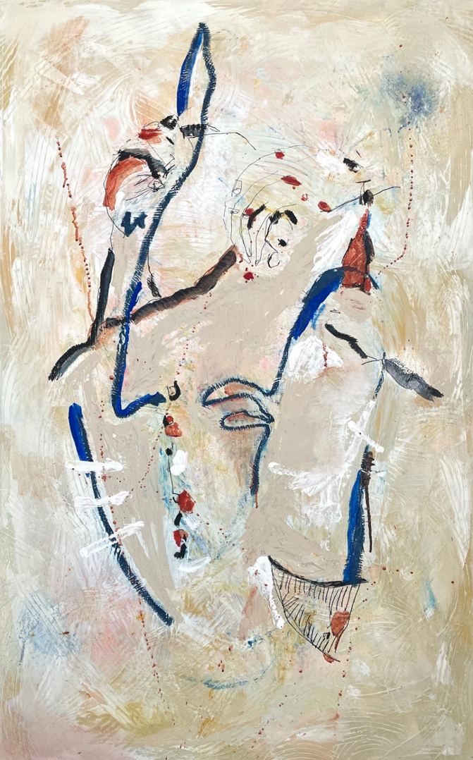 Abstract painting with beige background featuring loose, expressive lines and shapes in blue, red, black, and white, suggesting hand and face-like forms.