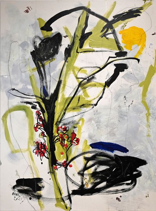 Abstract painting with bold black and yellow-green brushstrokes, red floral accents, and blue highlights on a light gray background.