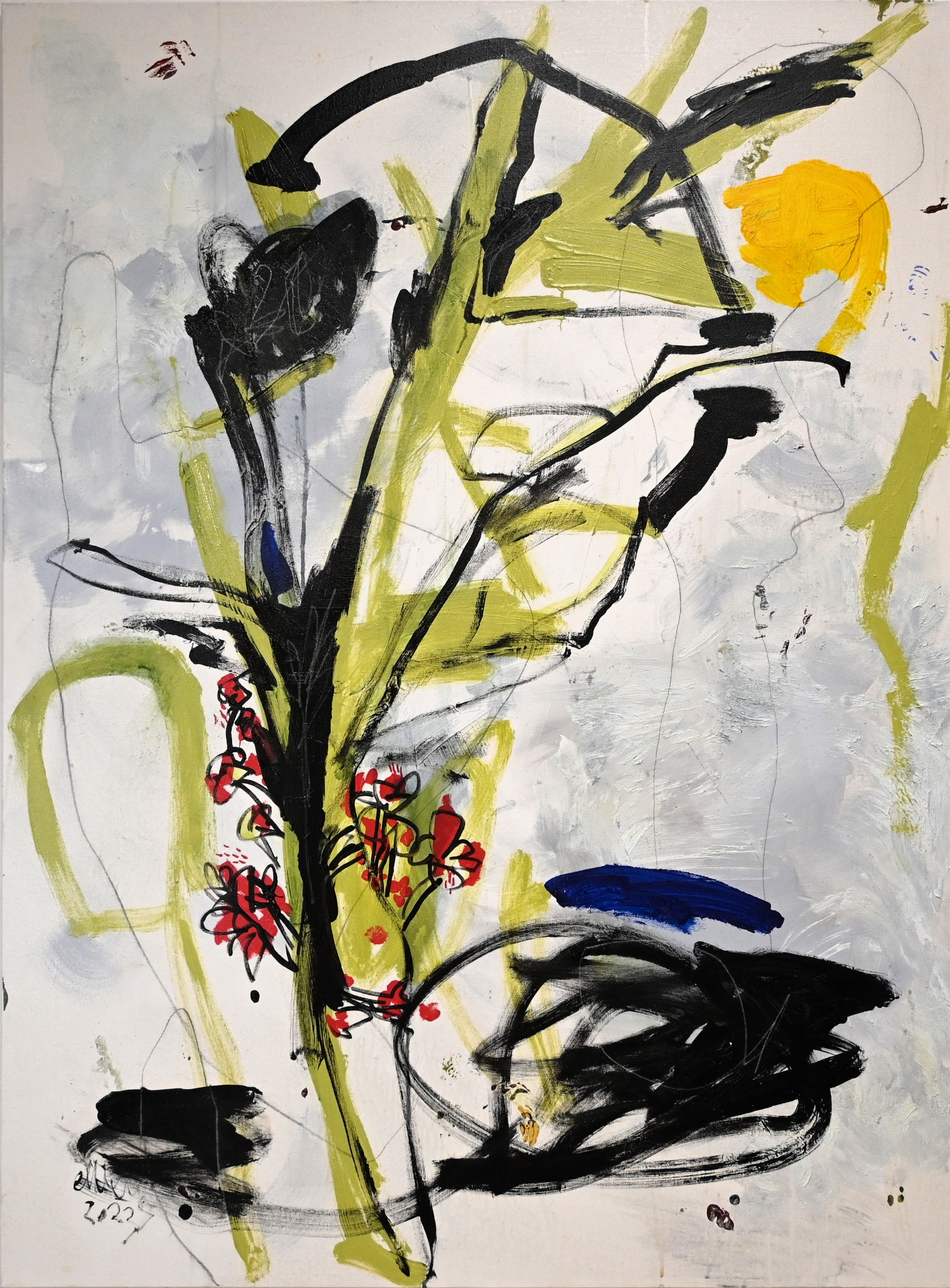 Abstract painting with bold black and yellow-green brushstrokes, red floral accents, and blue highlights on a light gray background.