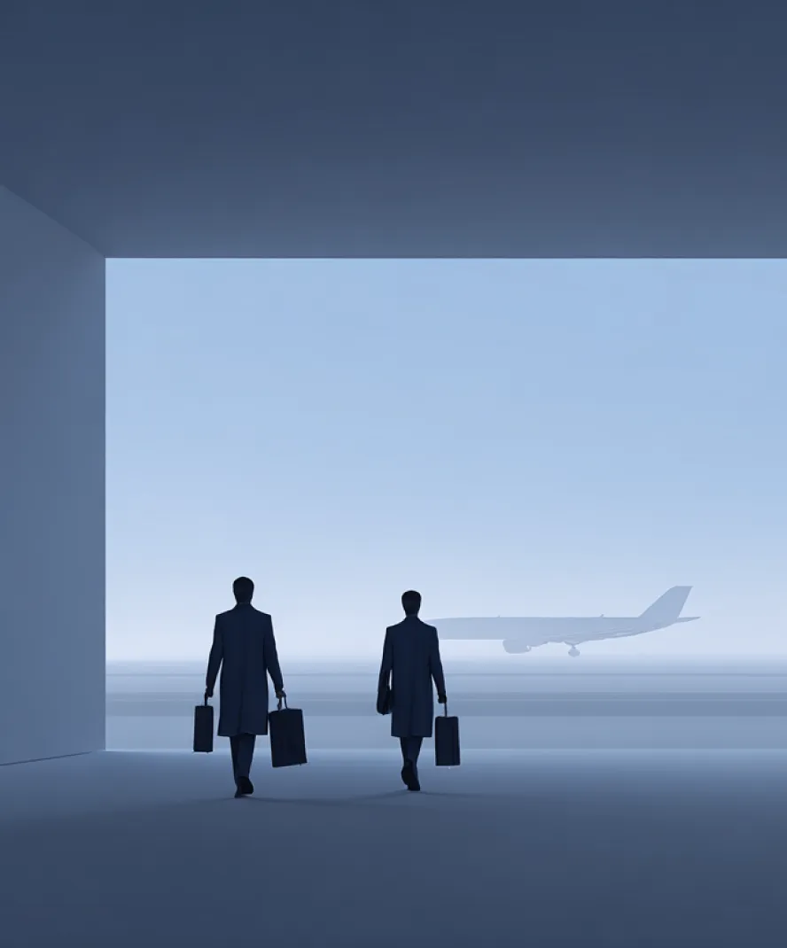 Two business people walking towards a large window with a distant airplane visible outside.