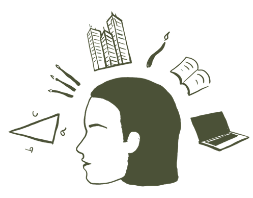 Line illustration of a head with a lightbulb, a prism and a book, representing creativity at casa seis