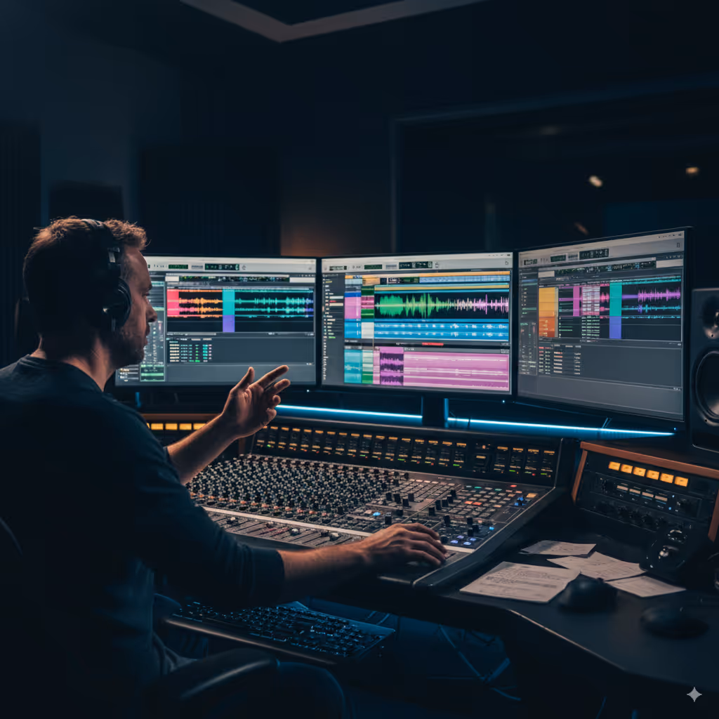 Un ingénieur du son utilisant une console de mixage et trois écrans affichant des vagues sonores dans un studio d'enregistrement sombre.