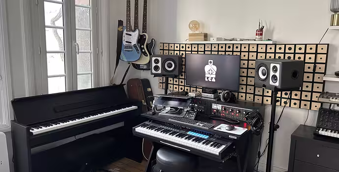 Studio de musique avec piano numérique, synthétiseur, ordinateur avec écran affichant un logo, enceintes de studio, et deux guitares accrochées au mur.