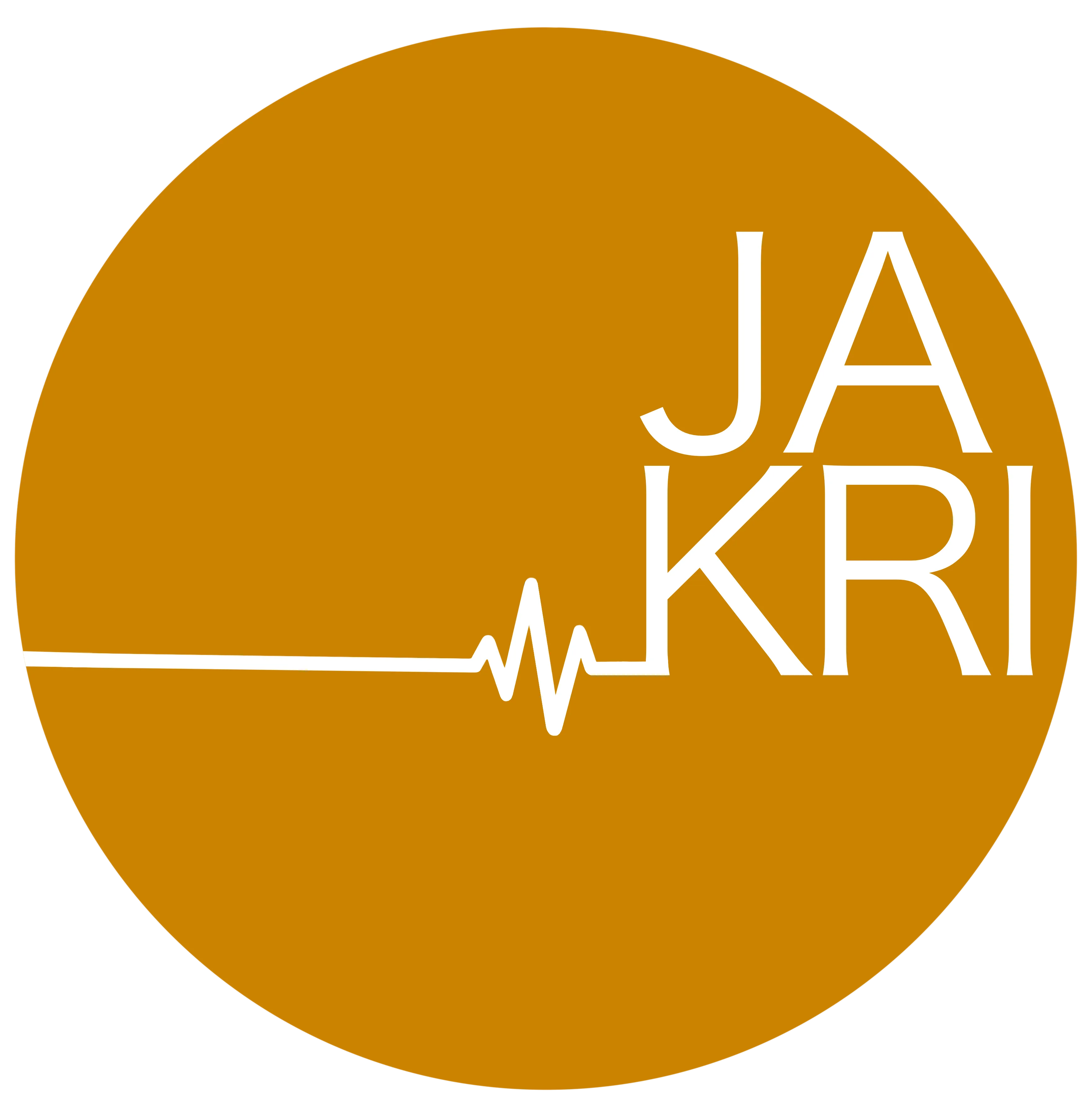 Oranger Kreis mit weißen Buchstaben 'JA KRI' und einem weißen Linienmuster ähnlich einem Herzschlag.