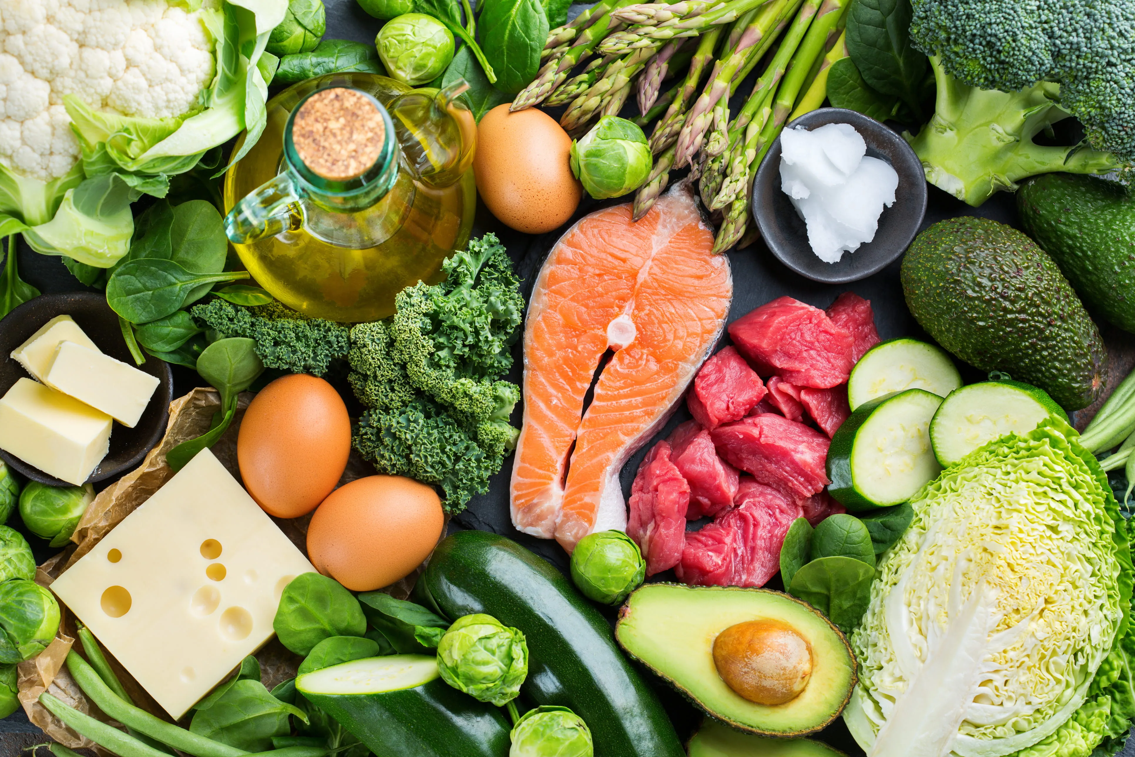 Verschiedene rohe Lebensmittel auf schwarzem Hintergrund, darunter Lachsfilet, Rindfleisch, Eier, Avocado, Käse, Butter, Olivenöl, Brokkoli, Blumenkohl, Spargel, Zucchini, Rosenkohl, Wirsing, Grünkohl und Spinat.