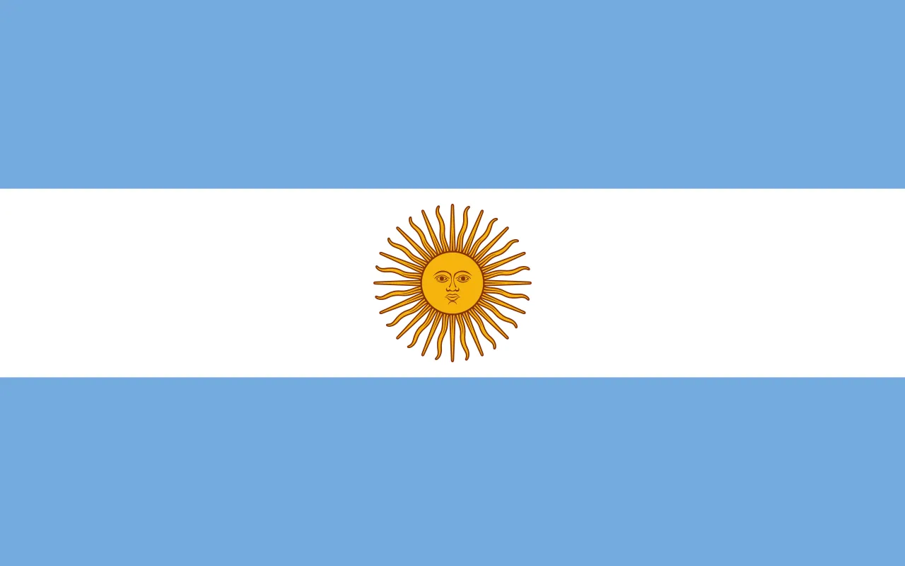 Flag of Argentina with light blue and white horizontal stripes and a golden sun with a face in the center.