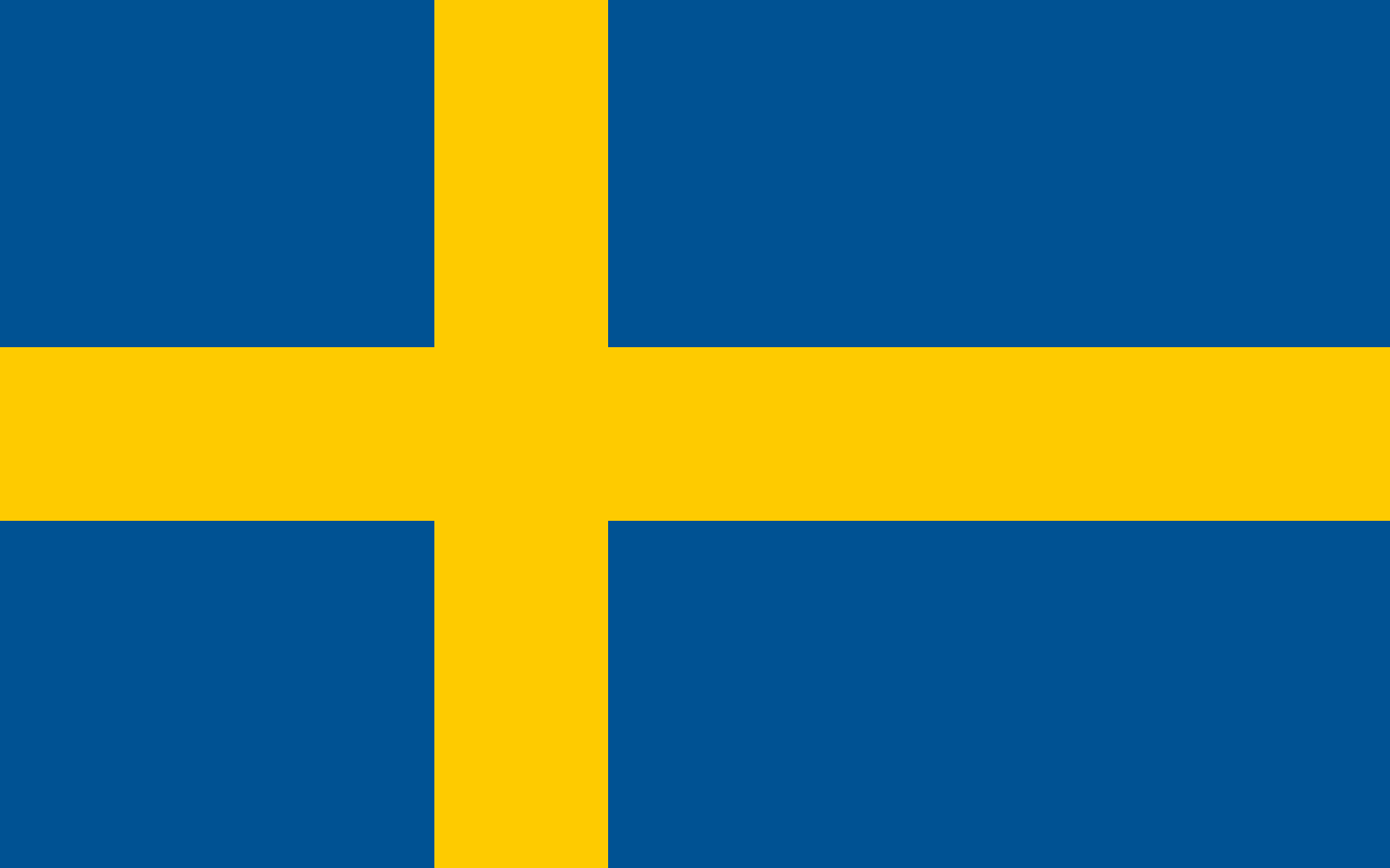 Flag of Sweden with a yellow Nordic cross on a blue field.
