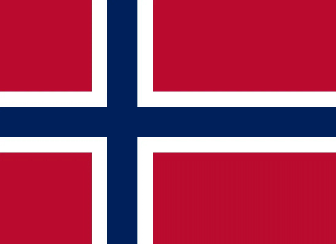 Flag of Norway featuring a navy blue Scandinavian cross outlined in white on a red background.