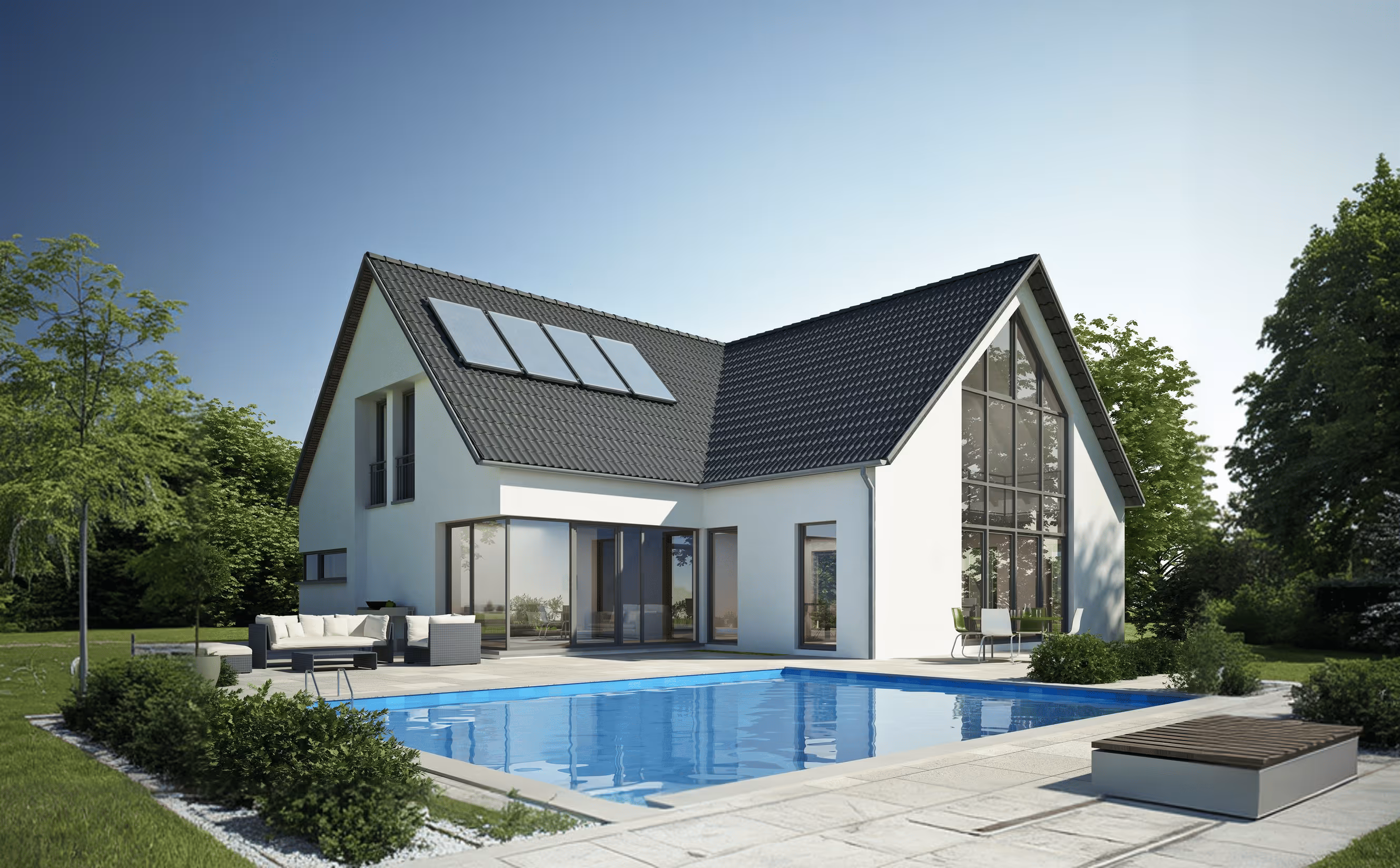 Maison moderne blanche avec toit noir, grandes fenêtres, panneaux solaires, terrasse et piscine dans un jardin verdoyant.