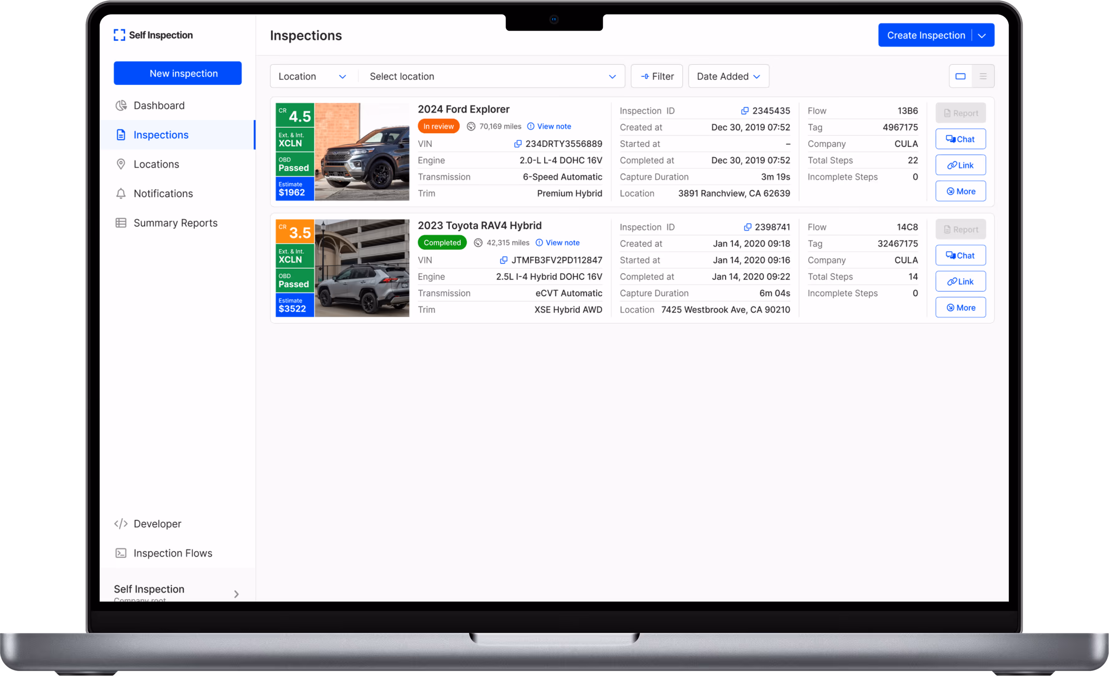 Self Inspection inspections dashboard on a tablet, listing vehicle inspection records with condition ratings, OBD status, cost estimates and full inspection details