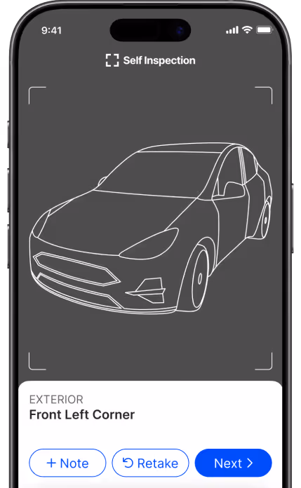 Self Inspection app screen on a phone showing the guided capture flow with a vehicle outline overlay prompting a photo of the exterior front left corner
