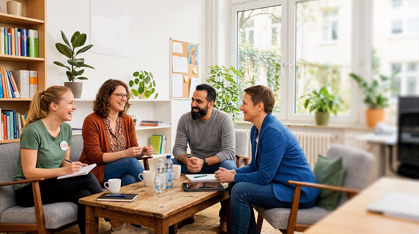 Kleines Team in freundlicher Besprechung in einer sozialen Einrichtung