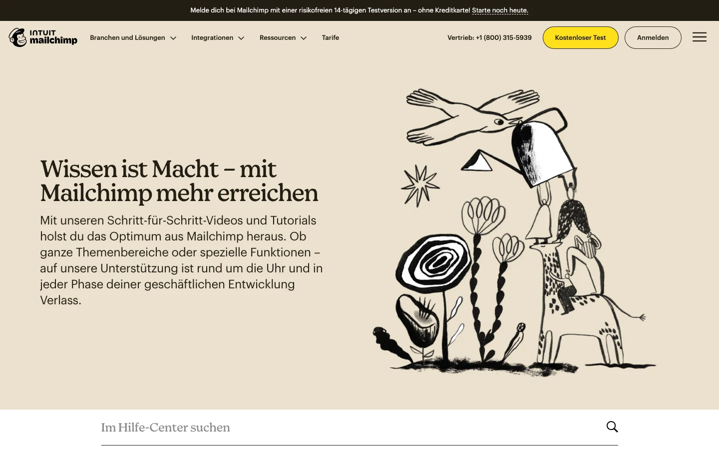 Mailchimp Hilfe-Center, Wissensdatenbank-Beispiel