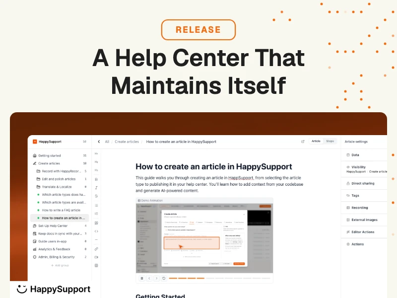 HappySupport 2.0 release thumbnail showing the article editor view.
