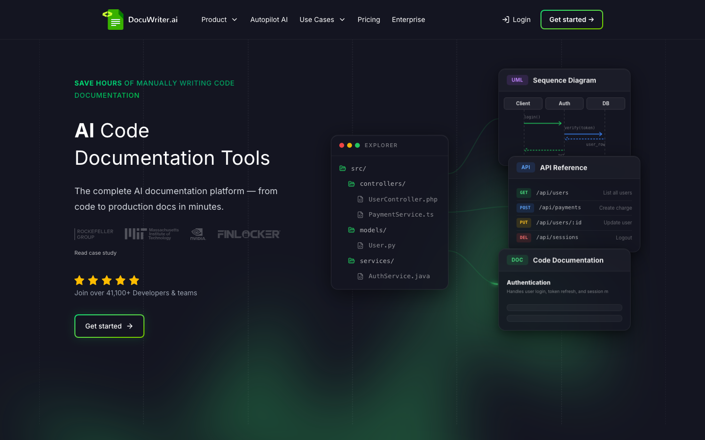 DocuWriter.ai homepage showing AI-first code documentation generator