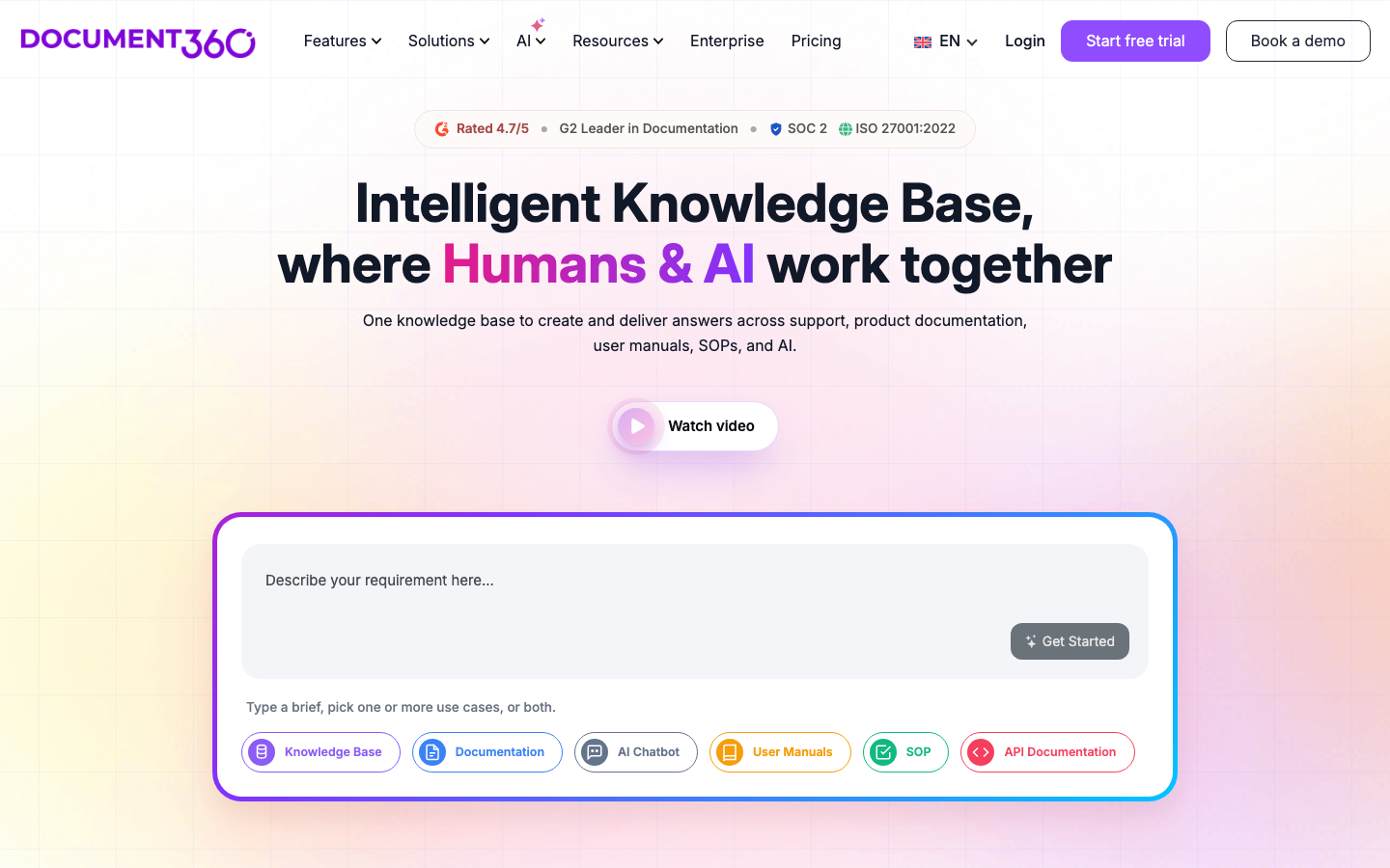 Document360 homepage showing knowledge base platform with AI search