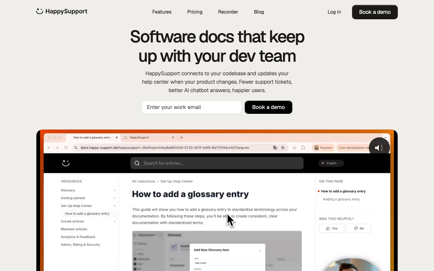 HappySupport homepage showing self-updating help center knowledge platform