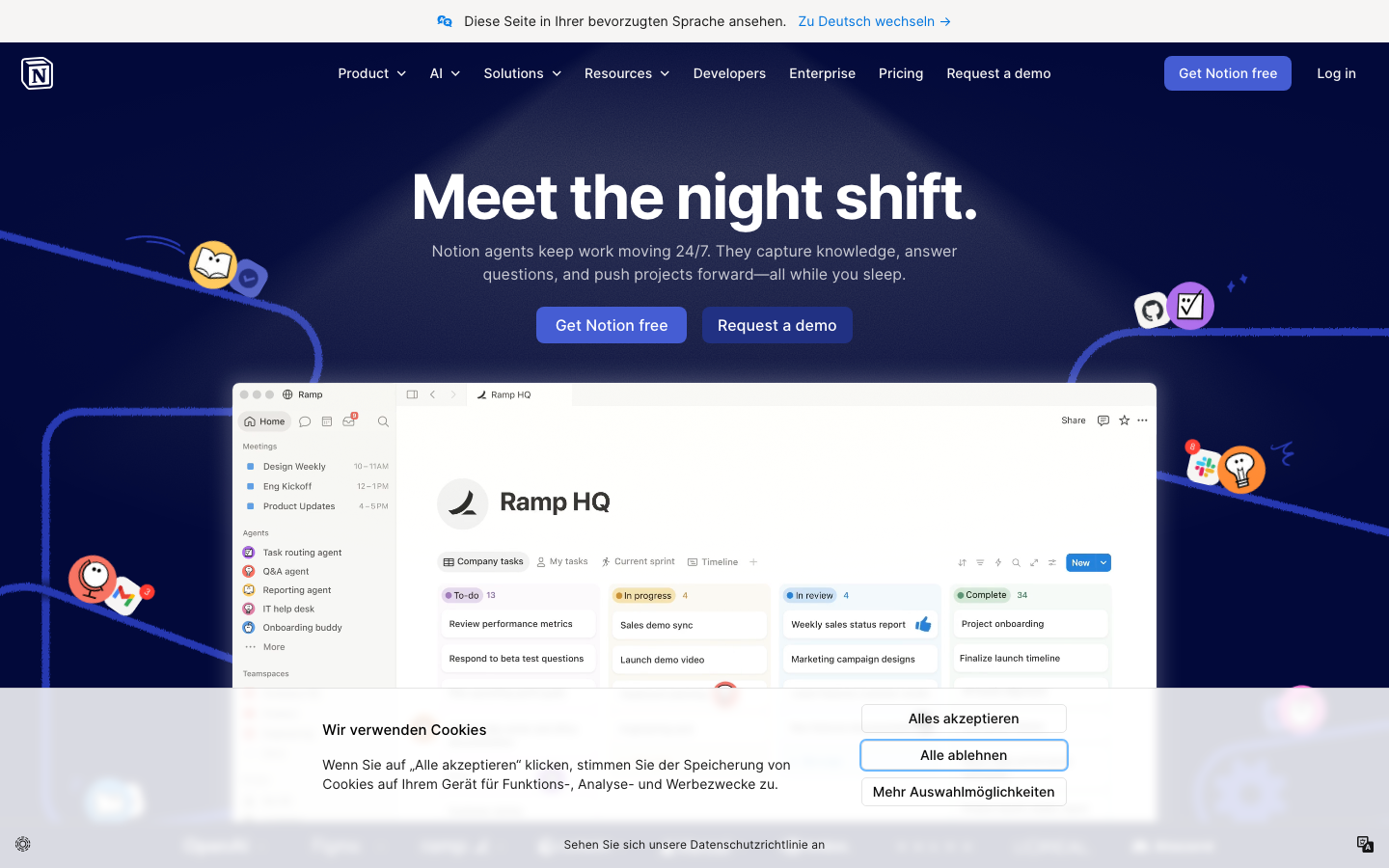Notion homepage showing AI-powered workspace with Custom Agents