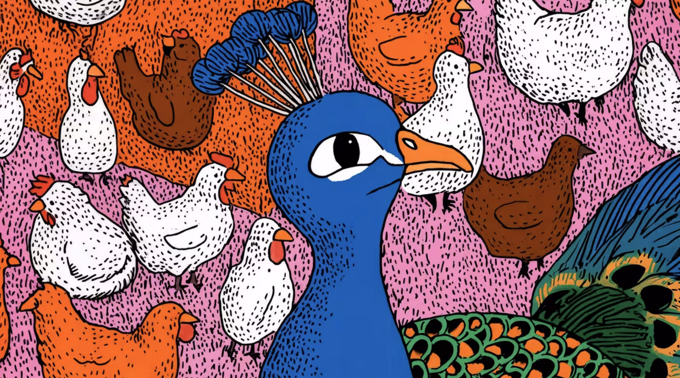 Vibrant illustration of a blue peacock standing out among a flock of chickens.