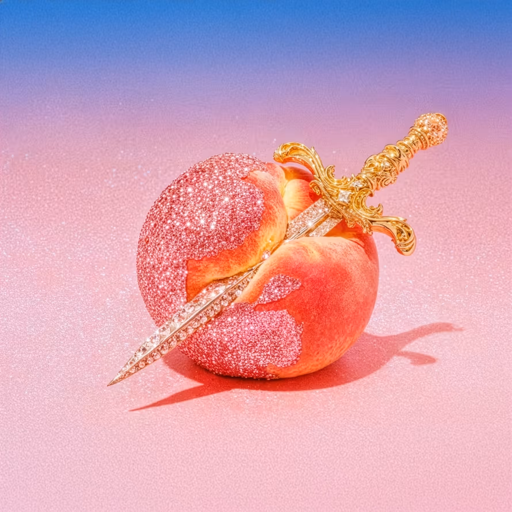 A ripe peach covered in pink glitter, pierced diagonally through the center by an ornate gold and crystal dagger against a soft pink background.