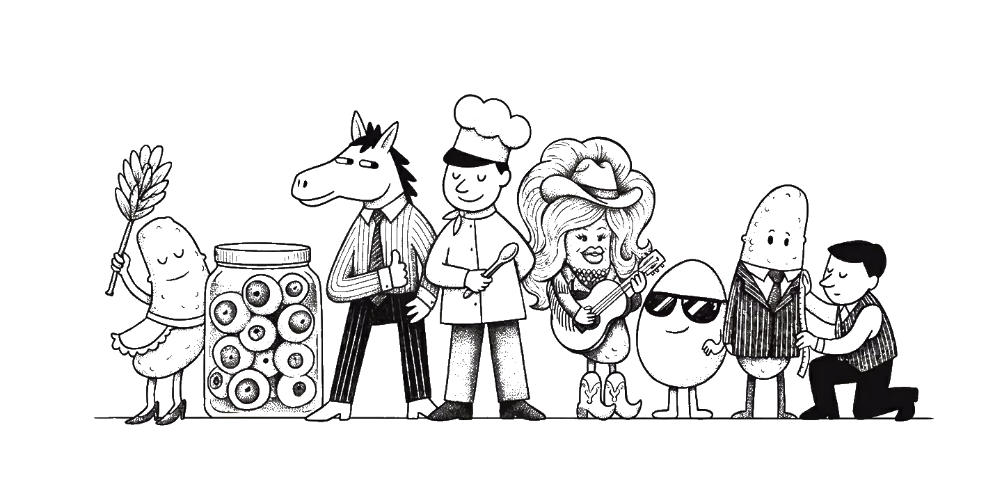 Lineart illustration depicting a set of charcers fo elspacoo's markting articles, a pickle, a jar of eyeballs, a horse with a tie, a chef and more.