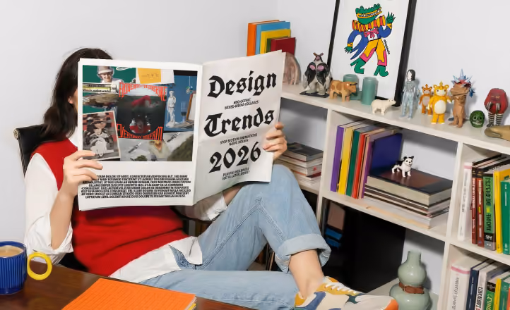 A person wearing a red vest and light jeans sitting at a desk, holding up a newspaper with the headline "Design Trends 2026" that covers their face.
