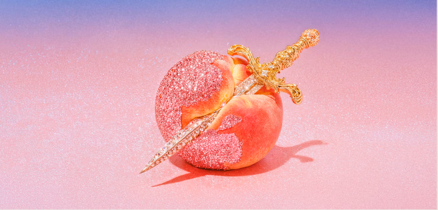 A ripe peach covered in pink glitter, pierced diagonally through the center by an ornate gold and crystal dagger against a soft pink background.