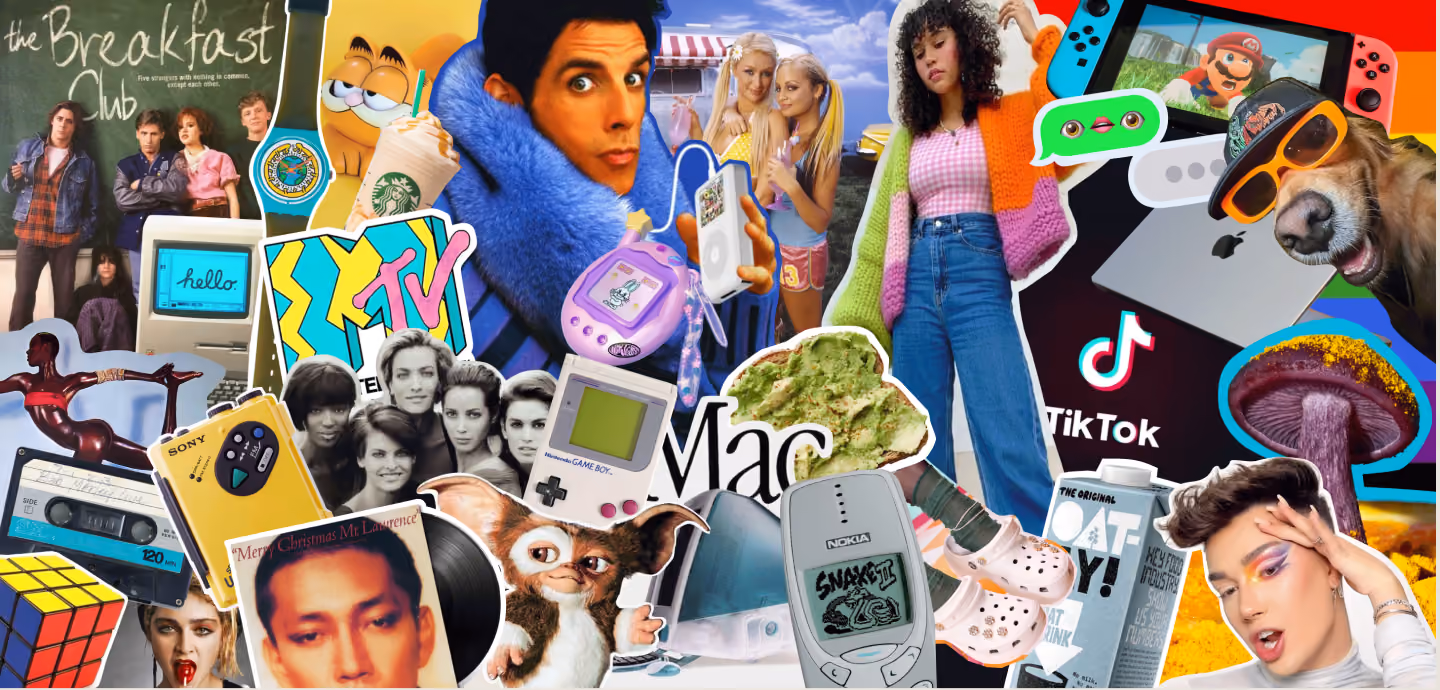 A dense pop culture collage featuring media and objects from different generations, including The Breakfast Club, MTV, a Walkman, Game Boy, iPod, Tamagotchi, Nokia phone, TikTok, and a Nintendo Switch.