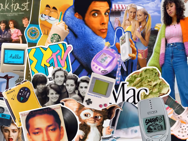 A dense pop culture collage featuring media and objects from different generations, including The Breakfast Club, MTV, a Walkman, Game Boy, iPod, Tamagotchi, Nokia phone, TikTok, and a Nintendo Switch.