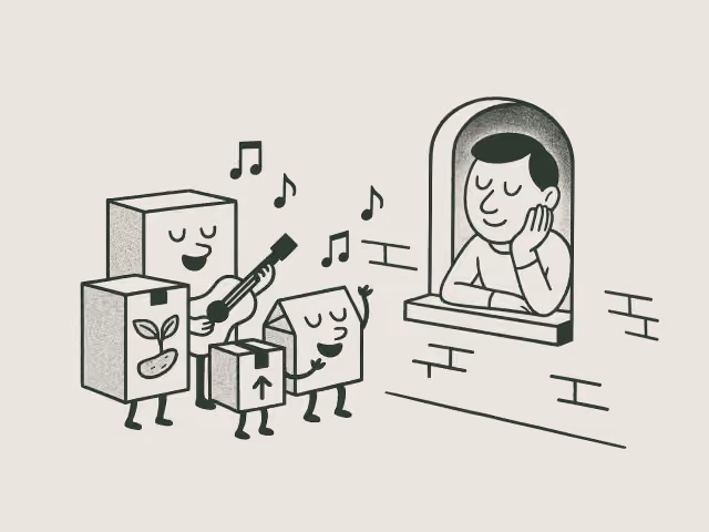 A line drawing of anthropomorphic cardboard boxes serenading a person at a window with an acoustic guitar and musical notes floating in the air.