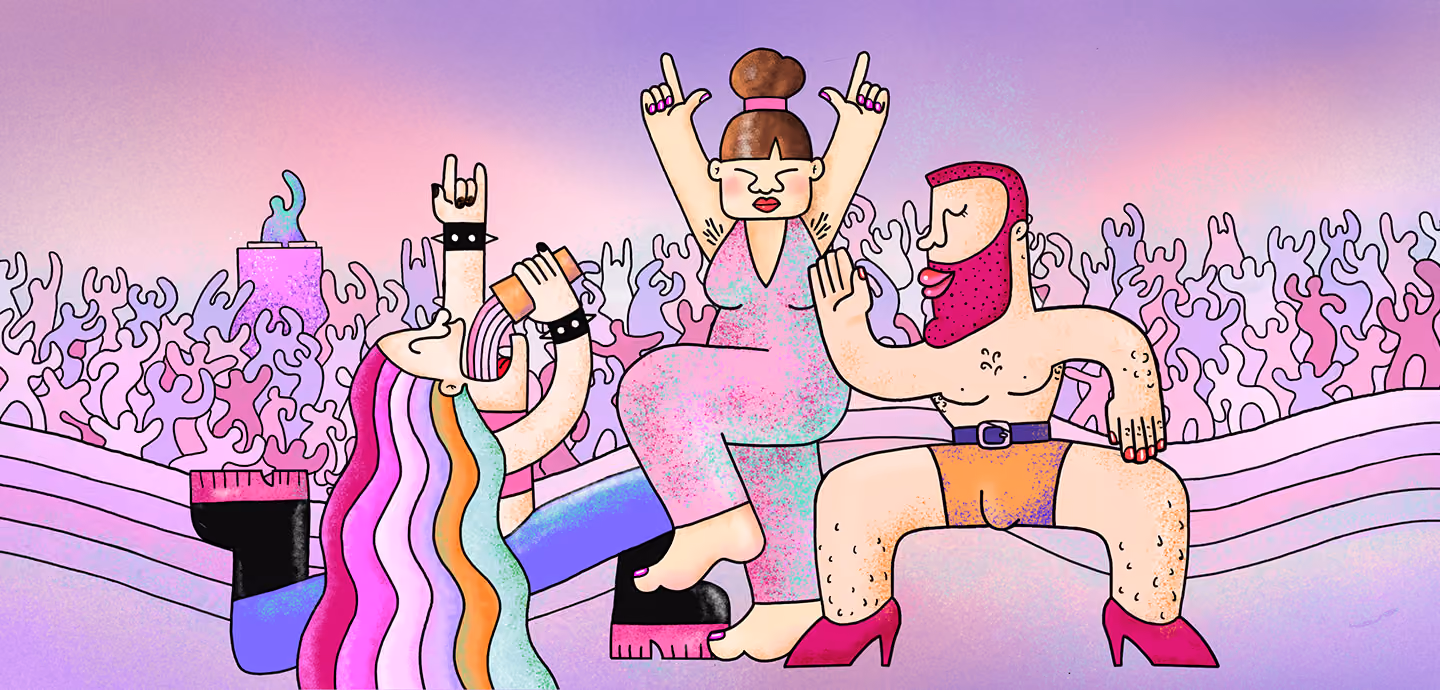 Vibrant illustration of people dancing at a music festival crowd.