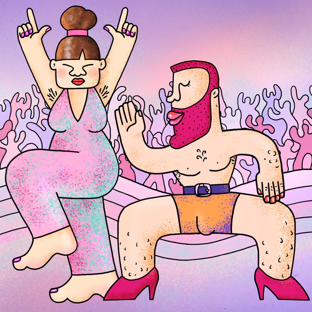 Vibrant illustration of people dancing at a music festival crowd.