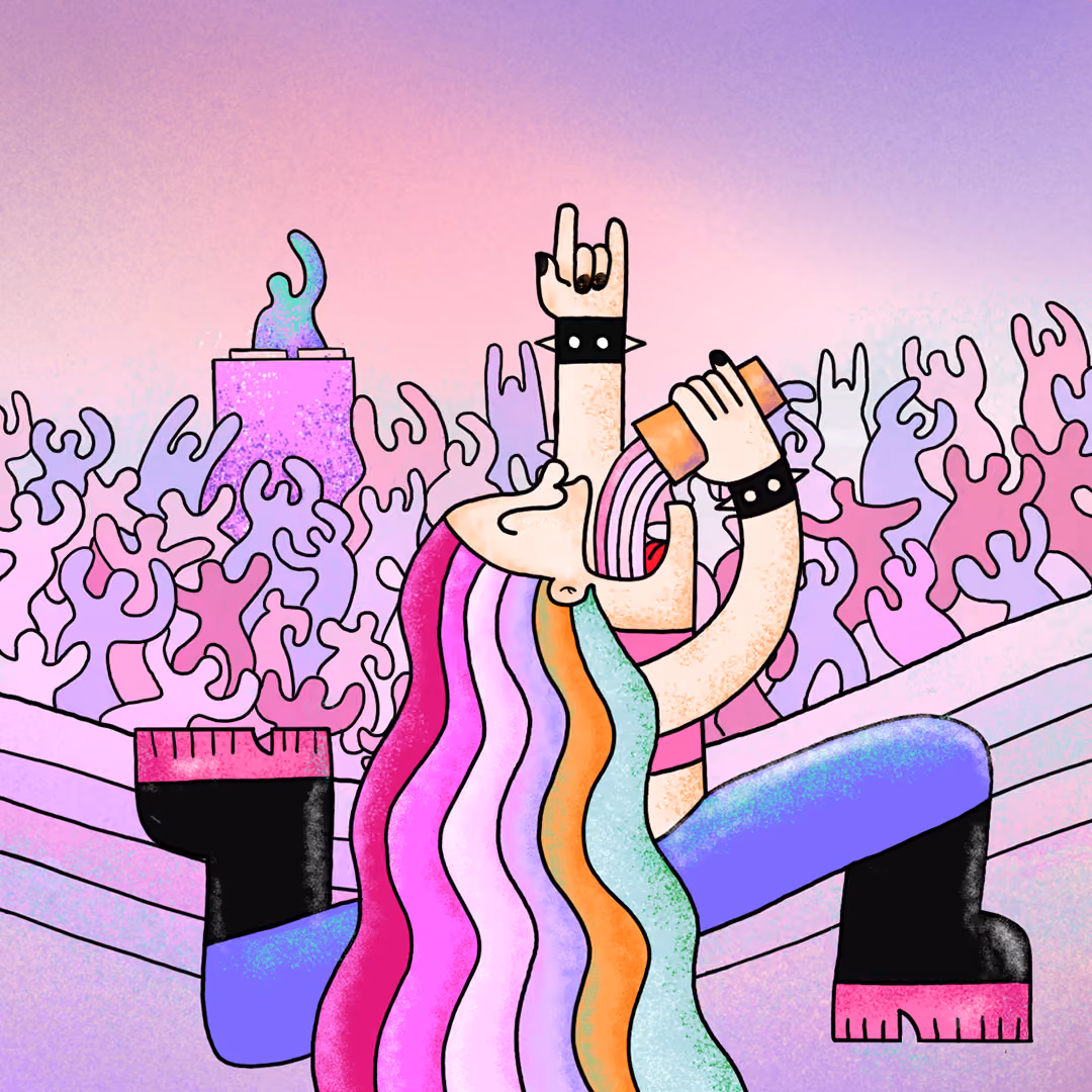 Vibrant illustration of people dancing at a music festival crowd.
