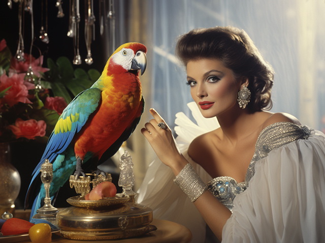 Glamorous woman in a white gown posing next to a colorful macaw parrot.