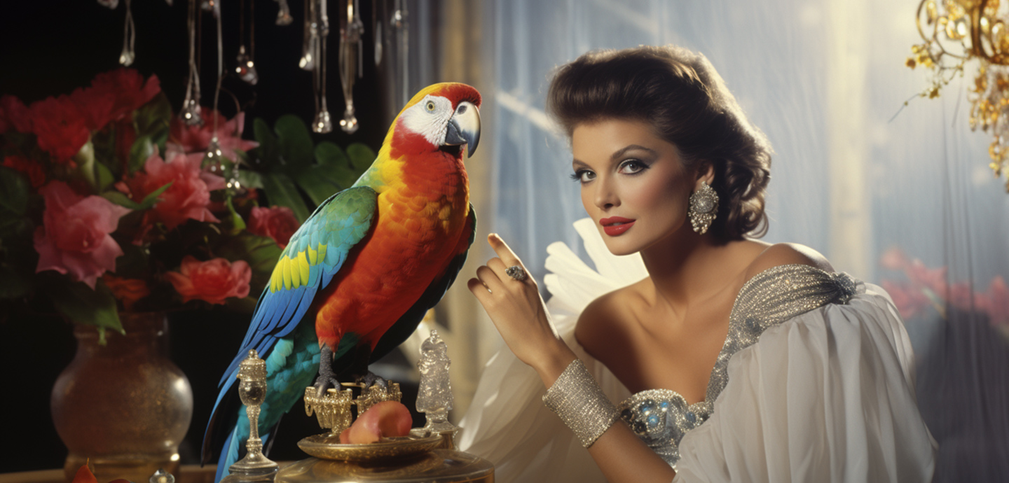 Glamorous woman in a white gown posing next to a colorful macaw parrot.