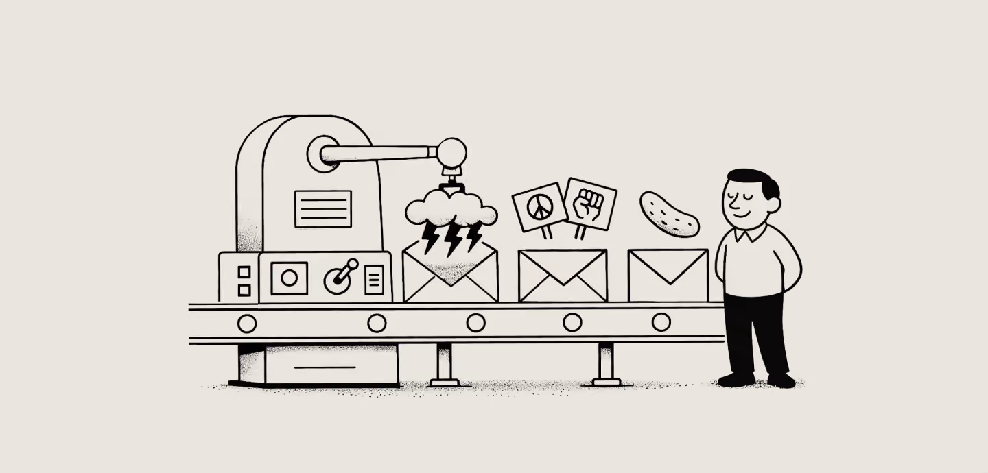 Illustration of a factory conveyor belt filling envelopes with different objects like a storm cloud, protest signs, and a pickle.
