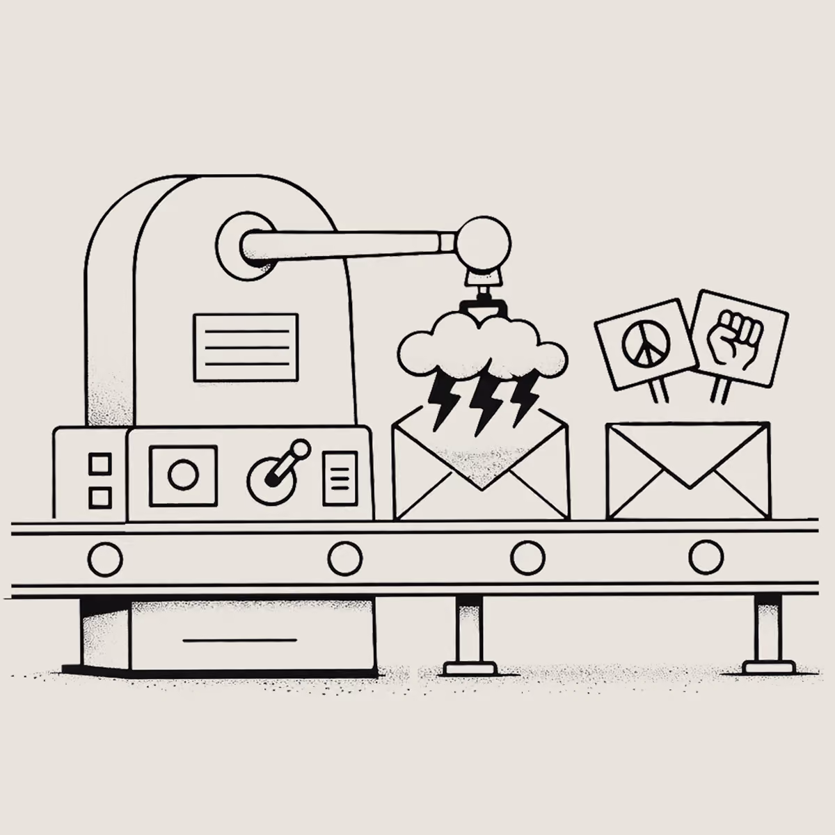 Illustration of a factory conveyor belt filling envelopes with different objects like a storm cloud, protest signs, and a pickle.