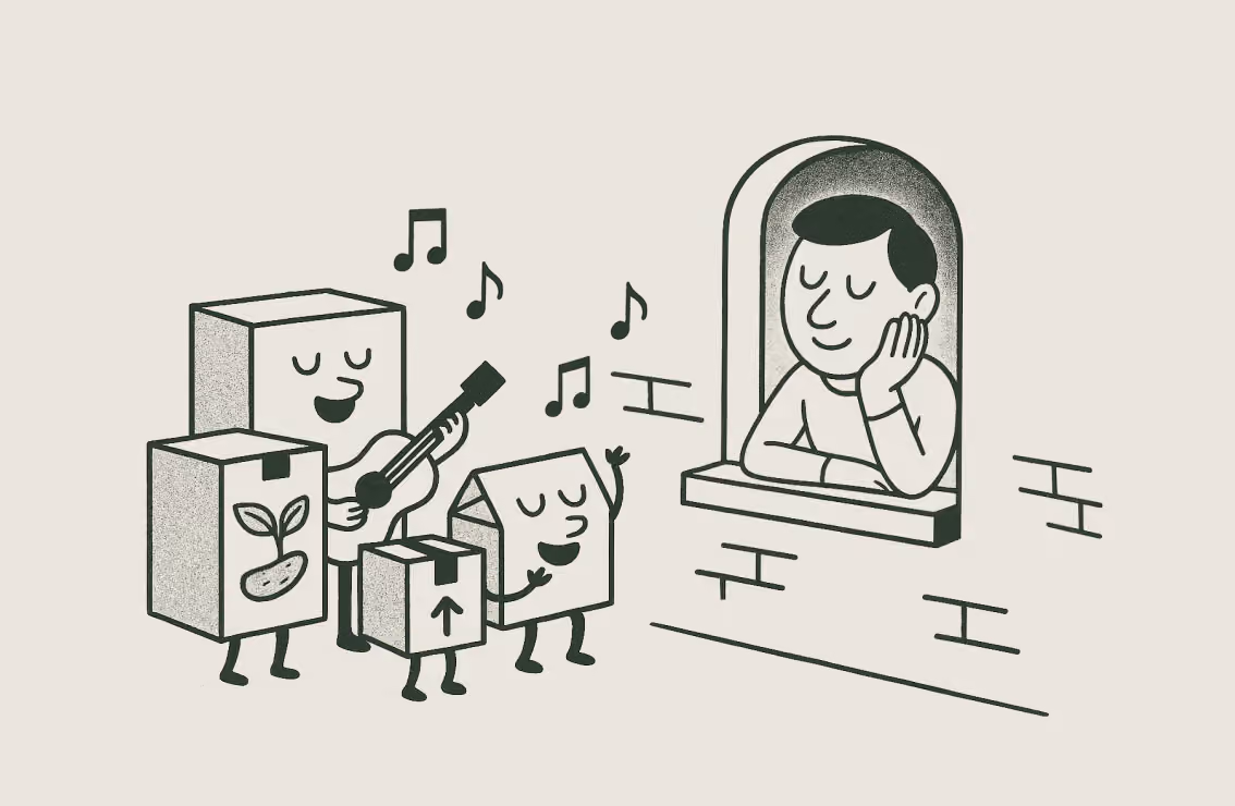 A line drawing of anthropomorphic cardboard boxes serenading a person at a window with an acoustic guitar and musical notes floating in the air.