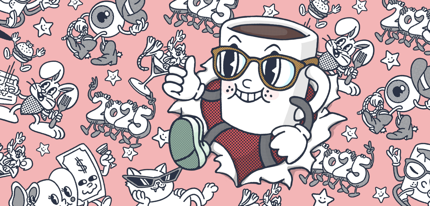 Retro cartoon coffee mug wearing sunglasses and giving a thumbs up on a pink patterned background with "2025" doodles.