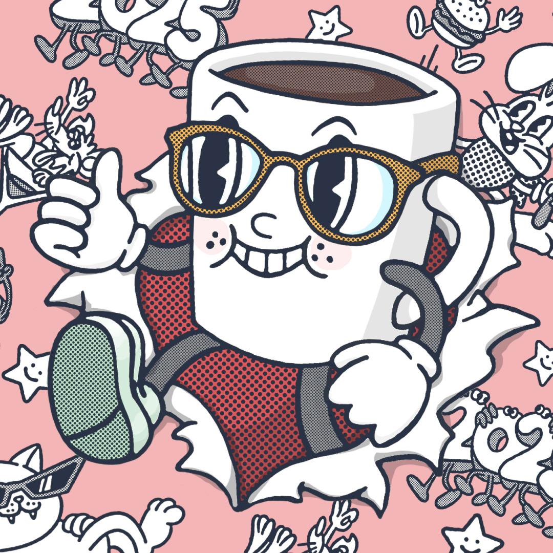 Retro cartoon coffee mug wearing sunglasses and giving a thumbs up on a pink patterned background with "2025" doodles.