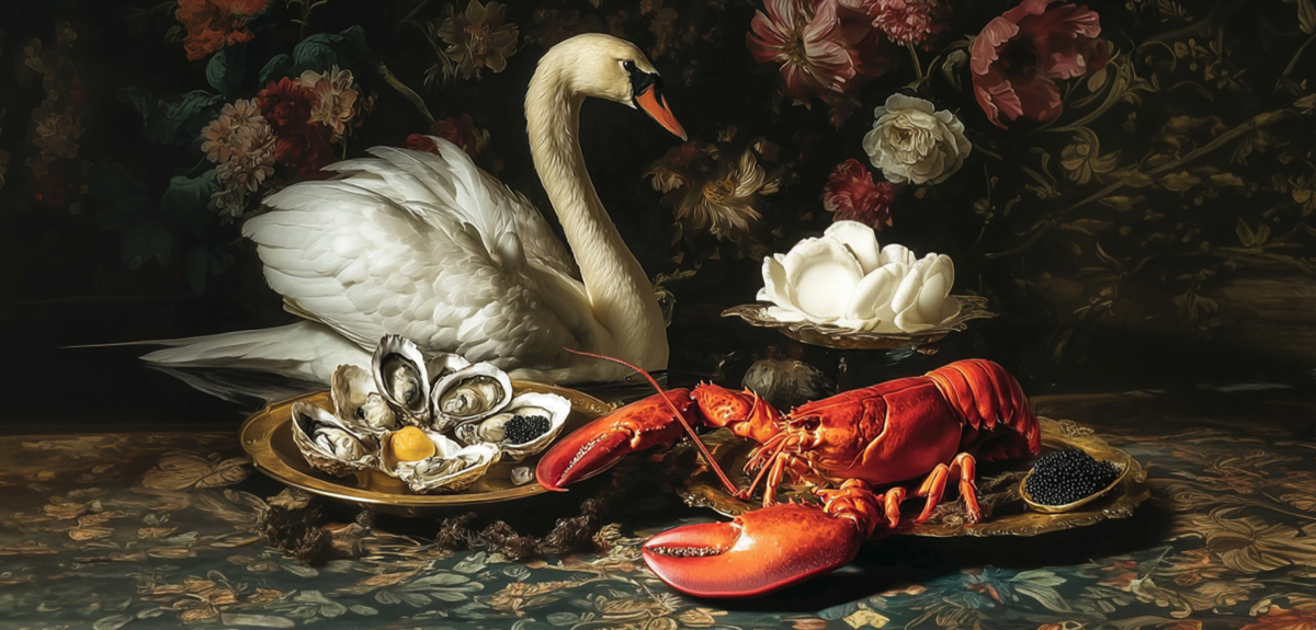 Classic still life painting of a white swan, lobster, oysters, and flowers.