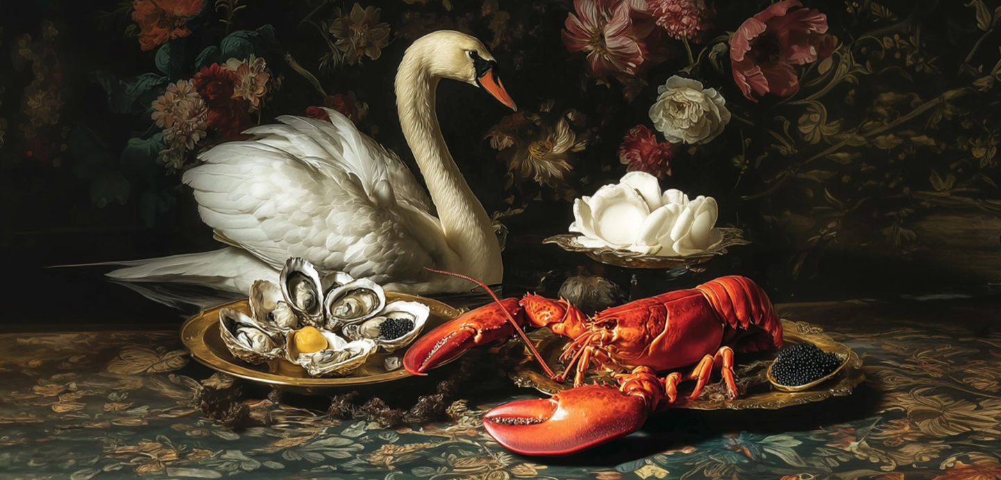 Classic still life painting of a white swan, lobster, oysters, and flowers.