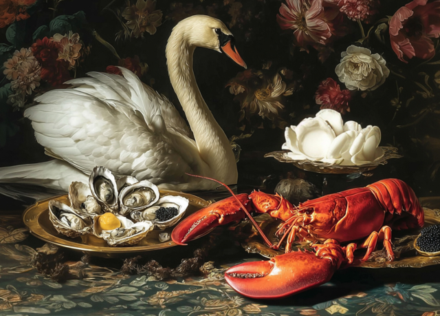 Classic still life painting of a white swan, lobster, oysters, and flowers.