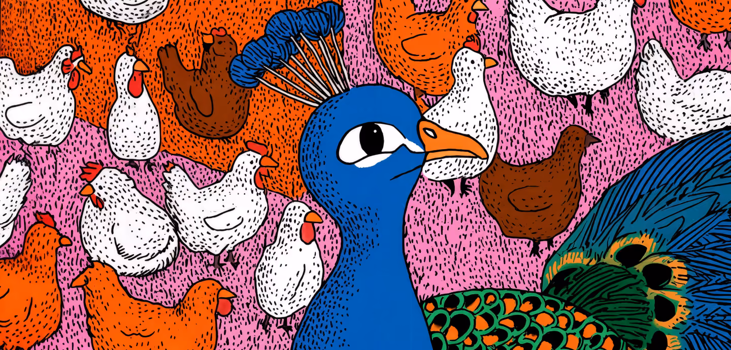 Vibrant illustration of a blue peacock standing out among a flock of chickens.