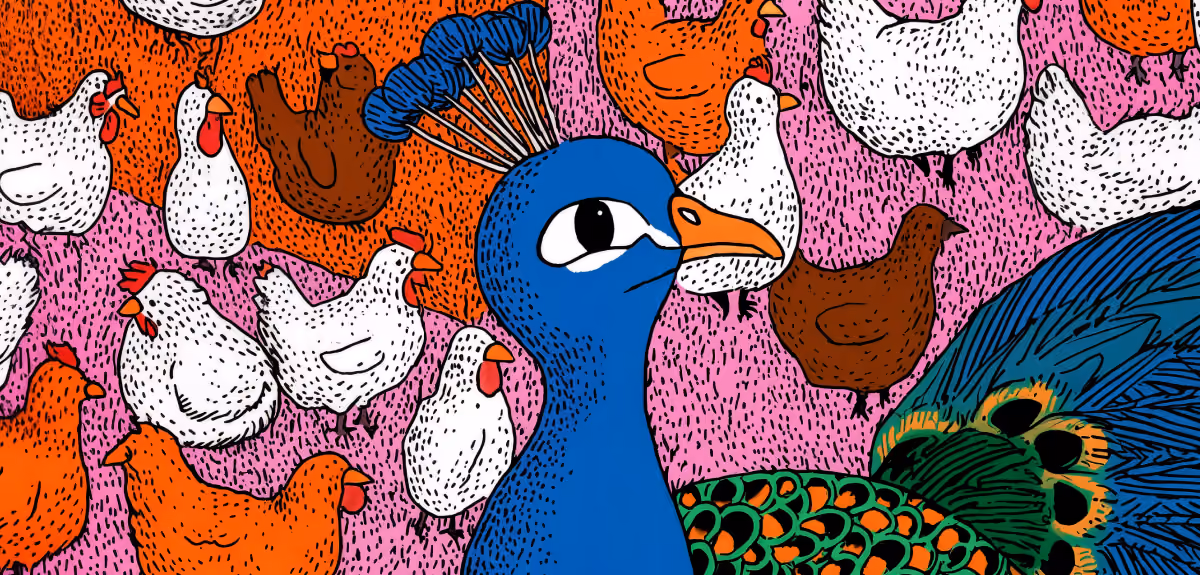 Vibrant illustration of a blue peacock standing out among a flock of chickens.