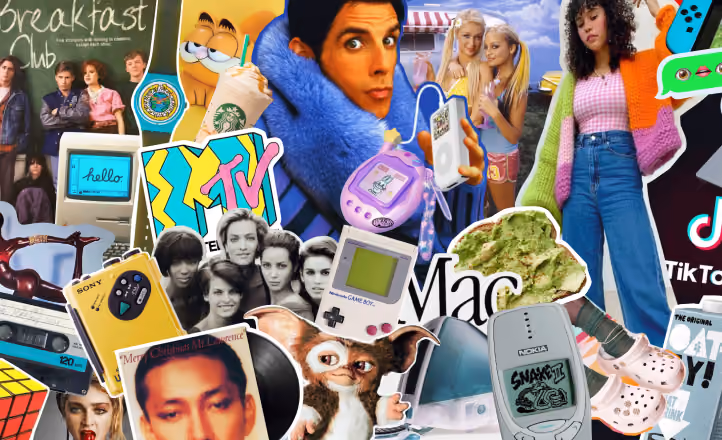 A dense pop culture collage featuring media and objects from different generations, including The Breakfast Club, MTV, a Walkman, Game Boy, iPod, Tamagotchi, Nokia phone, TikTok, and a Nintendo Switch.