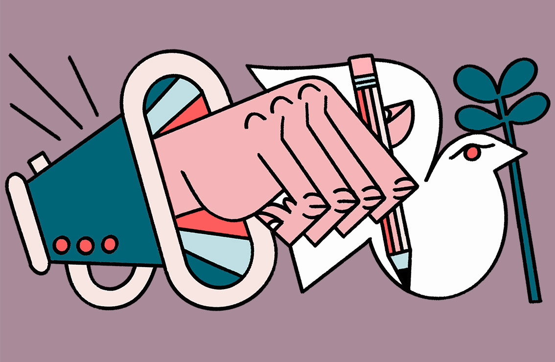 Stylized illustration of a hand extending from a megaphone drawing a white peace dove.